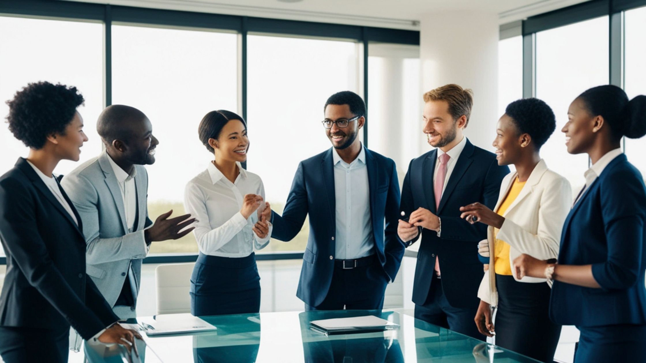 A group of professional colleagues in smart business attire standing around a boardroom table, smiling and talking how a DISC assessment has helped them in their roles.